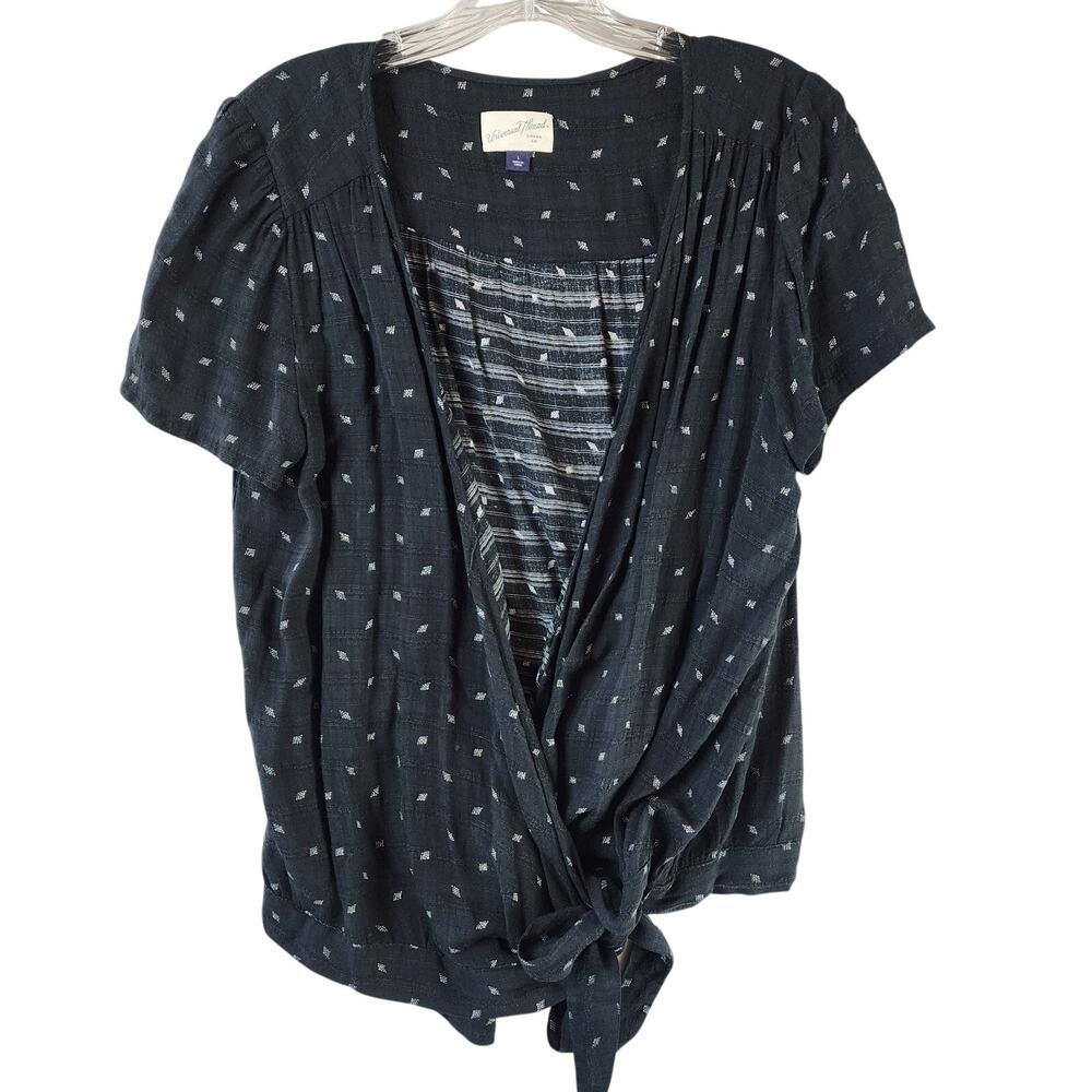Universal Thread Tie Front Top Women Large Black - Diamond Print Short Sleeve